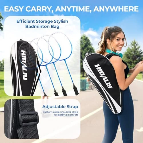 HIRALIY Badminton raketlari to'plami, ochiq havoda orqa hovli o'yinlari uchun, 4 ta raketka, 12 ta nilon volan, 4 ta almashtirish tutqichi lentalari va 1 ta tashish sumkasi bilan - 6