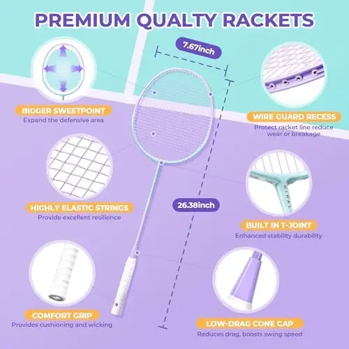 HIRALIY Badminton Rackets Set for Backyards, Badminton Set, Includ 2/4 Rackets, 6/12 Birdies, 1 Carrying Bag, Outdoor Game for Adult Family Beginner - 6