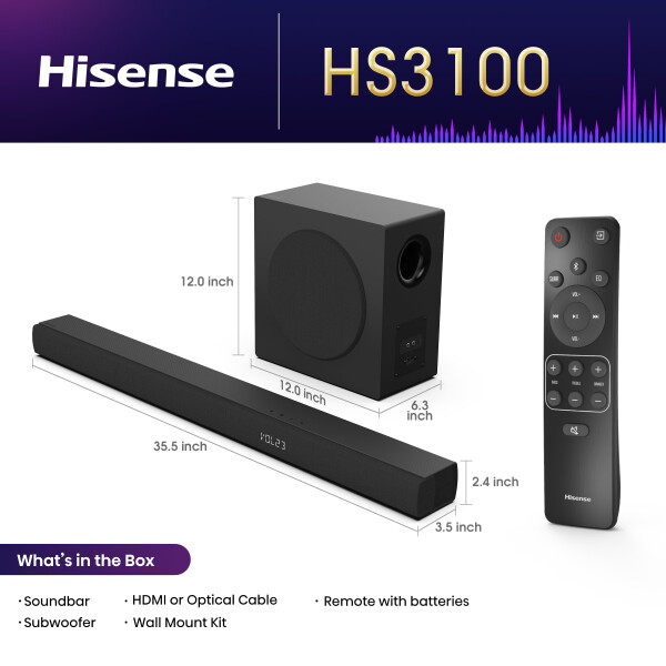 Hisense 3.1 Channel 480W Soundbar with Wireless Subwoofer (HS3100) - 2