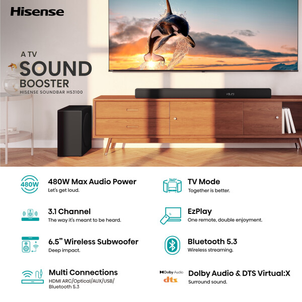 Hisense 3.1 Channel 480W Soundbar with Wireless Subwoofer (HS3100) - 4