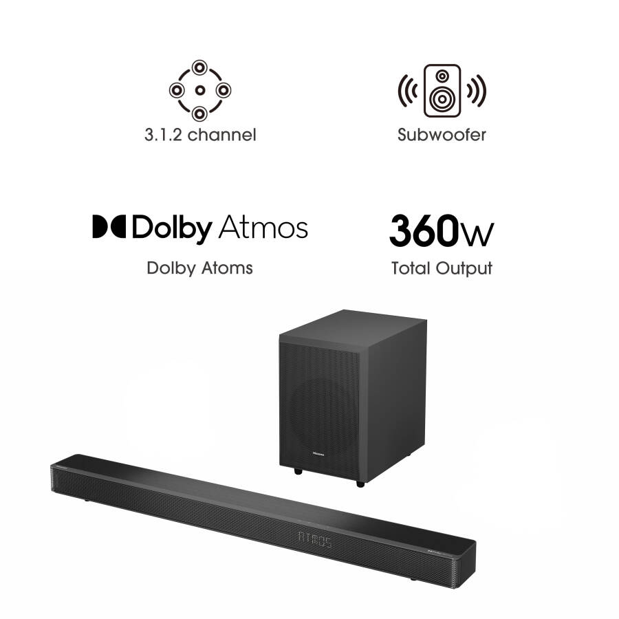 Hisense 3.1.2 Ch 360W Soundbar simsiz Subwoofer bilan* va Dolby Atmos (AX3120G) - 3