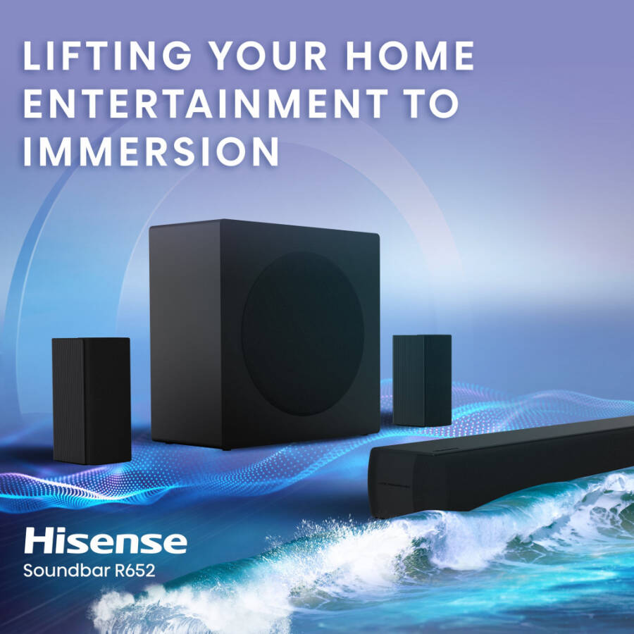 Hisense 5.1 Ch Soundbar R652 jami 440W chiqish quvvatiga ega, orqa o'rab turuvchi karnaylar, 6.5 dyuymli simsiz subwoofer, Dolby Atmos va DTS Virtual X, oson ulanish - 8
