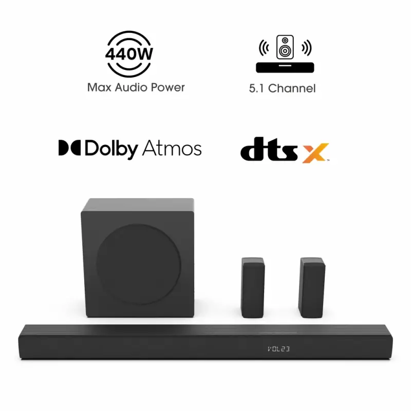 Hisense 5.1 Ch Soundbar R652 jami 440W chiqish quvvatiga ega, orqa o'rab turuvchi karnaylar, 6.5 dyuymli simsiz subwoofer, Dolby Atmos va DTS Virtual X, oson ulanish - 2