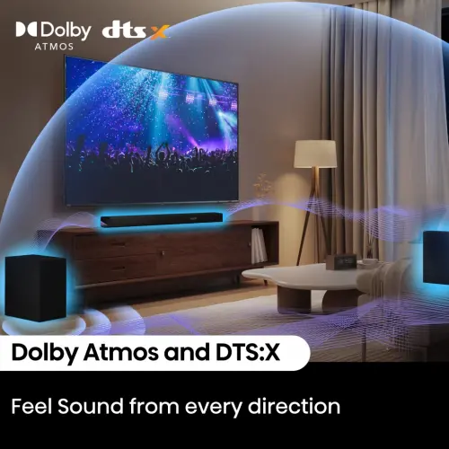 Hisense 5.1 Ch Soundbar R652 jami 440W chiqish quvvatiga ega, orqa o'rab turuvchi karnaylar, 6.5 dyuymli simsiz subwoofer, Dolby Atmos va DTS Virtual X, oson ulanish - 7