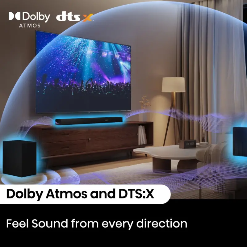 Hisense 5.1 Ch Soundbar R652 jami 440W chiqish quvvatiga ega, orqa o'rab turuvchi karnaylar, 6.5 dyuymli simsiz subwoofer, Dolby Atmos va DTS Virtual X, oson ulanish - 7