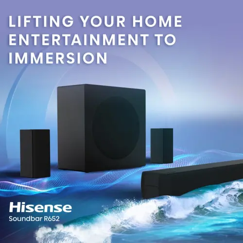 Hisense 5.1 Ch Soundbar R652 jami 440W chiqish quvvatiga ega, orqa o'rab turuvchi karnaylar, 6.5 dyuymli simsiz subwoofer, Dolby Atmos va DTS Virtual X, oson ulanish - 8