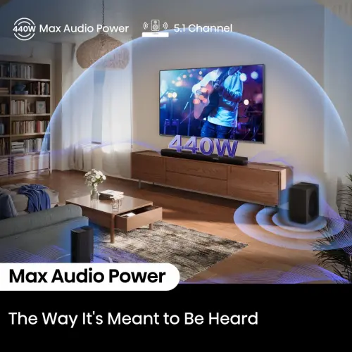 Hisense 5.1 Ch Soundbar R652 jami 440W chiqish quvvatiga ega, orqa o'rab turuvchi karnaylar, 6.5 dyuymli simsiz subwoofer, Dolby Atmos va DTS Virtual X, oson ulanish - 10