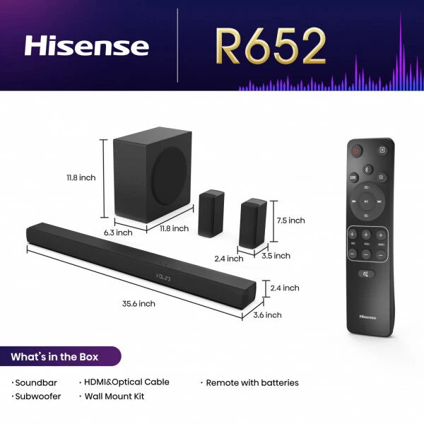 Hisense 5.1 Ch Soundbar R652 with a total of 440W output, Rear Surround Speakers, 6.5” Wireless Subwoofer, Dolby Atmos and DTS Virtual X, Easy Connect - HISENSE