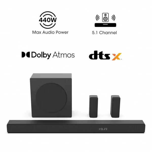 Hisense 5.1 Ch Soundbar R652 with a total of 440W output, Rear Surround Speakers, 6.5” Wireless Subwoofer, Dolby Atmos and DTS Virtual X, Easy Connect - HISENSE (1)