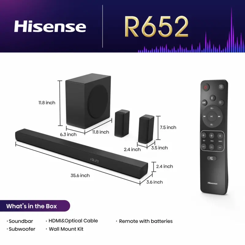 Hisense 5.1 Ch Soundbar R652 with a total of 440W output, Rear Surround Speakers, 6.5” Wireless Subwoofer, Dolby Atmos and DTS Virtual X, Easy Connect - HISENSE