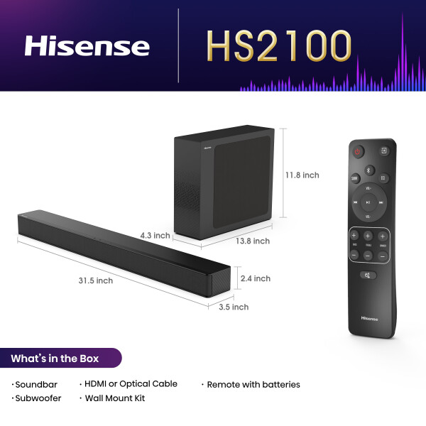 Hisense HS2100 2.1 Channel Soundbar with Wireless Subwoofer and DTS Virtual: X, Dolby Digital- Black - 2