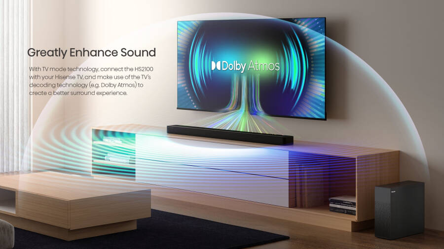 Hisense HS2100 2.1 Channel Soundbar with Wireless Subwoofer and DTS Virtual: X, Dolby Digital- Black - 5