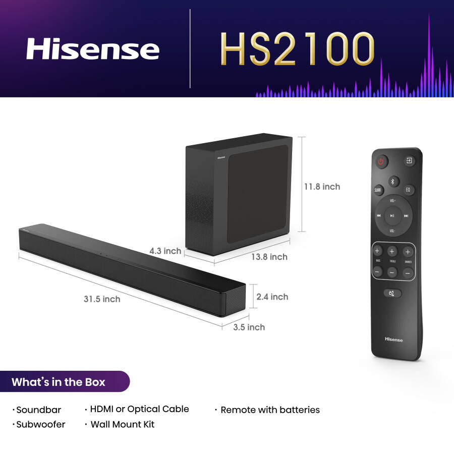 Hisense HS2100 2.1 Kanallı Soundbar Kablosuz Subwoofer ve DTS Virtual: X, Dolby Digital- Siyah - 2