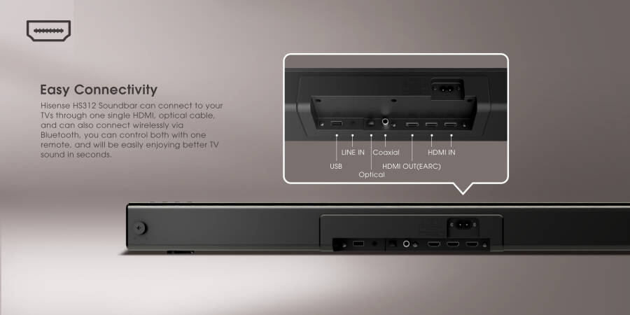 Hisense HS312 3.1 kanal simsiz subwooferli Sound Bar, 300Vt, Dolby Atmos, 4K Pass-Through, Kinematik Tajriba, Bitta Masofadan Pult Boshqaruvi, Bluetooth, HDMI ARC/Optik/AUX/USB (Model HS312) Qora - 14