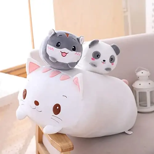 hitoshe Cat Plush Pillow, Soft White Cat Stuffed Animal Toy Cylindrical Body Pillow Gifts for Kids, 33.5
