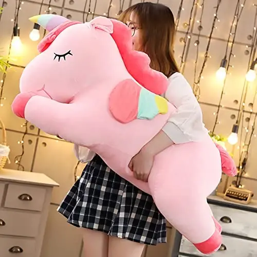Hitoshe Unicorn Peluş Sarılma Yastığı, Büyük Unicorn Doldurulmuş Hayvan Vücut Yastığı Oyuncak Çocuklar için Hediyeler, Sevgililer Günü, Noel (Pembe, 39.3 inç) - 6