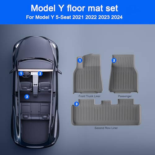 HIXIU Floor Mats for Tesla Model Y 2020-2024 TPE All-Weather Interior Liners Mats Accessories for 5-Seat (3Pcs, Grey) - 3