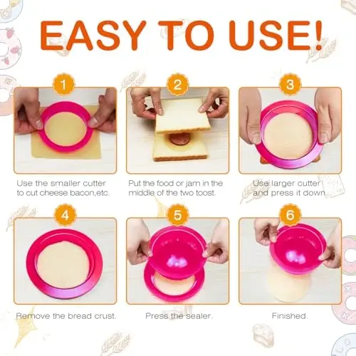 HiYZ Sandwich Cutter and Sealer, 5 PCS Sandwich Cutter for Kids, Bread Sandwich Maker and DIY Cookie Cutter for Lunchbox Bentobox, Sandwich Press Crimper for Children Boys Girls（Round Fuchsia) - 4