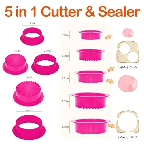 HiYZ Sandwich Cutter and Sealer, 5 PCS Sandwich Cutter for Kids, Bread Sandwich Maker and DIY Cookie Cutter for Lunchbox Bentobox, Sandwich Press Crimper for Children Boys Girls（Round Fuchsia) - 5