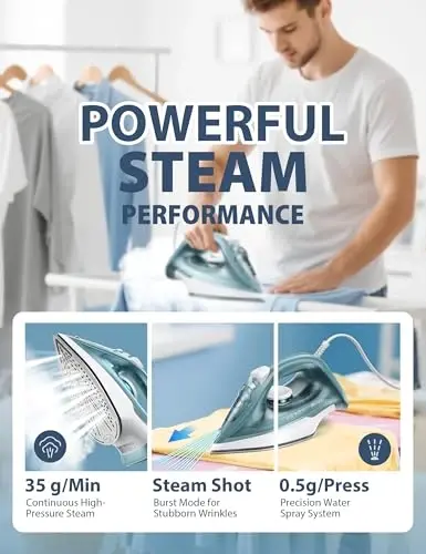 Sundu Steam Iron for Clothes with Rapid Heating Ceramic Coated Soleplate, 1500W with Precise Thermostat Dial, Self-Cleaning, Auto-Off, 44oz Water Tank for Home Clothes Ironing Use Green - 9