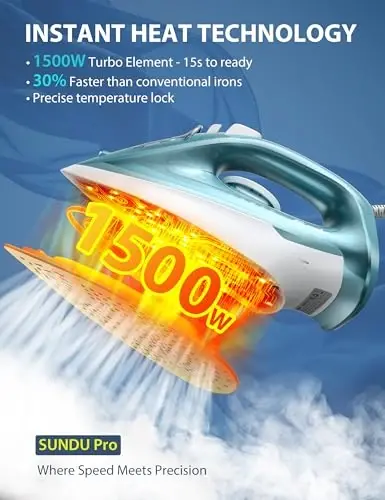 Sundu Steam Iron for Clothes with Rapid Heating Ceramic Coated Soleplate, 1500W with Precise Thermostat Dial, Self-Cleaning, Auto-Off, 44oz Water Tank for Home Clothes Ironing Use Green - 11