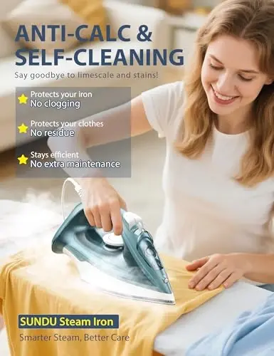 Sundu Steam Iron for Clothes with Rapid Heating Ceramic Coated Soleplate, 1500W with Precise Thermostat Dial, Self-Cleaning, Auto-Off, 44oz Water Tank for Home Clothes Ironing Use Green - 3