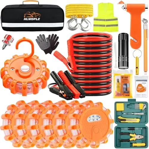 HLWDFLZ Car Emergency Roadside Kit, with Led Road Flares, Jump Cables, Towing Rope, Winter Car Safety Kit Roadside Emergency Kit for Car 50pcs - HLWDFLZ