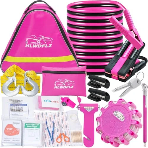 HLWDFLZ Pink Roadside Assistance Kit with Jumper Cable, Tow Rope, LED Road Flare, Deer Whistles and More Women Emergency Safety Tool Kit - HLWDFLZ