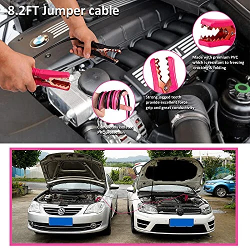 HLWDFLZ Pink Roadside Assistance Kit with Jumper Cable, Tow Rope, LED Road Flare, Deer Whistles and More Women Emergency Safety Tool Kit - HLWDFLZ (1)