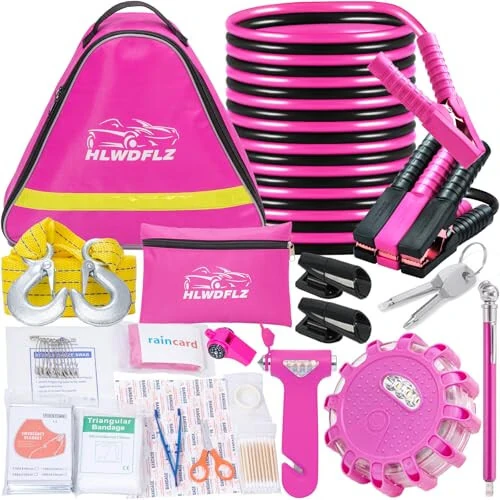 HLWDFLZ Car Emergency Kit, Pink Roadside Assistance Kit with Jumper Cable, Tow Rope, LED Road Flare, Deer Whistles and More Women Emergency Safety Tool Kit - HLWDFLZ