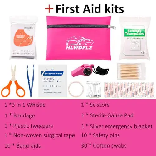 HLWDFLZ Car Emergency Kit, Pink Roadside Assistance Kit with Jumper Cable, Tow Rope, LED Road Flare, Deer Whistles and More Women Emergency Safety Tool Kit - 5