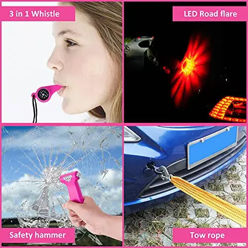 HLWDFLZ Car Emergency Kit, Pink Roadside Assistance Kit with Jumper Cable, Tow Rope, LED Road Flare, Deer Whistles and More Women Emergency Safety Tool Kit - 6