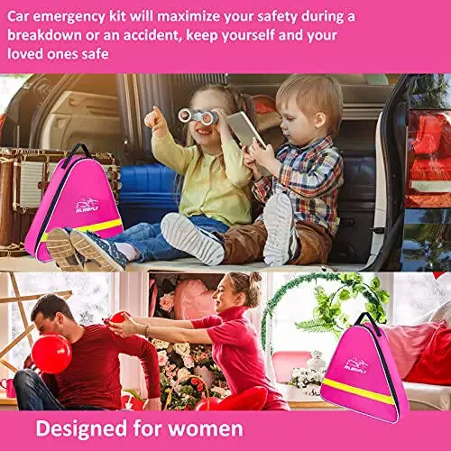 HLWDFLZ Car Emergency Kit, Pink Roadside Assistance Kit with Jumper Cable, Tow Rope, LED Road Flare, Deer Whistles and More Women Emergency Safety Tool Kit - 7