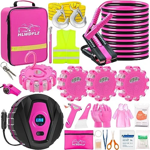 HLWDFLZ Car Emergency Kit with Portable Air Compressor - Roadside Emergency Kit for Vehicles, Winter Car Safety Roadside Assist Kit, Emergency Car Kit for Teen Girl and Ladies L-77 - 1