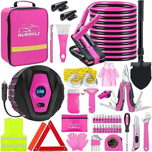 HLWDFLZ Car Emergency Kit with Portable Air Compressor - Roadside Emergency Kit for Vehicles, Winter Car Safety Roadside Assist Kit, Emergency Car Kit for Teen Girl and Ladies M-75 - 1