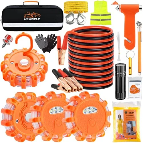 HLWDFLZ Car Emergency Roadside Kit, with Led Road Flares, Jump Cables, Towing Rope, Winter Car Safety Kit Roadside Emergency Kit for Car 36pcs - HLWDFLZ