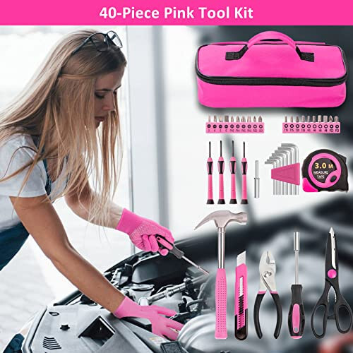 HLWDFLZ Car Roadside Emergency Kit - Pink Roadside Assistance Emergency Kit with Jumper Cables, Auto Tool Set, Deer Whistles, Winter Car Safety Roadside Assist Kit for Teen Girl and Ladies - HLWDFLZ (1)