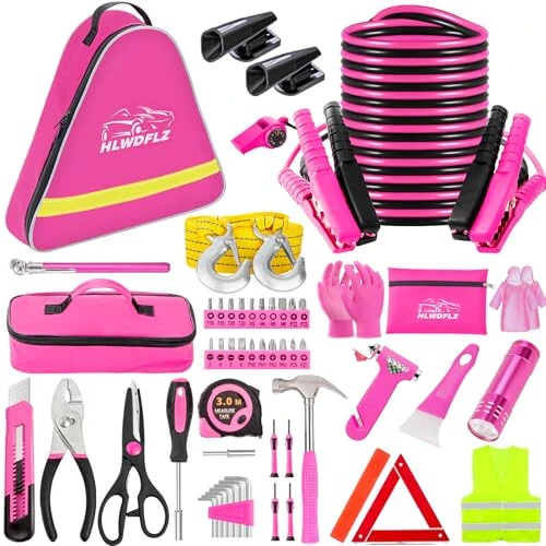HLWDFLZ Car Roadside Emergency Kit - Pink Roadside Assistance Emergency Kit with Jumper Cables, Auto Tool Set, Deer Whistles, Winter Car Safety Roadside Assist Kit for Teen Girl and Ladies - 1