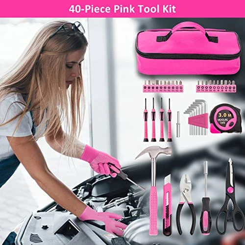 HLWDFLZ Car Roadside Emergency Kit - Pink Roadside Assistance Emergency Kit with Jumper Cables, Auto Tool Set, Deer Whistles, Winter Car Safety Roadside Assist Kit for Teen Girl and Ladies - 2