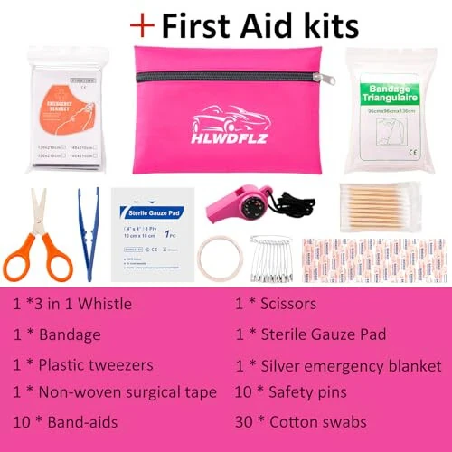 HLWDFLZ Car Roadside Emergency Kit - Pink Roadside Assistance Emergency Kit with Jumper Cables, Auto Tool Set, Deer Whistles, Winter Car Safety Roadside Assist Kit for Teen Girl and Ladies - 5