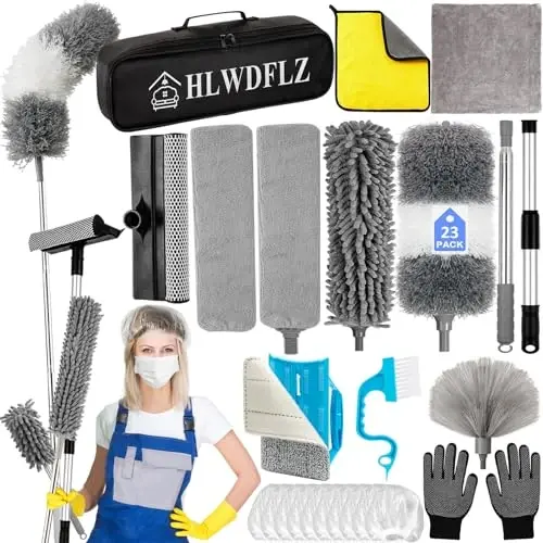 HLWDFLZ Microfiber Duster Kit 23pcs with 30 to 100 Inches Extension Pole and Extendable Window Squeegee, Washable and Bendable Feather Duster for Cleaning Ceiling Fans, High Ceilings, Cobwebs, Blinds - 1
