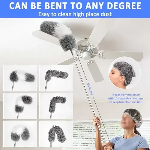 HLWDFLZ Microfiber Duster Kit 23pcs with 30 to 100 Inches Extension Pole and Extendable Window Squeegee, Washable and Bendable Feather Duster for Cleaning Ceiling Fans, High Ceilings, Cobwebs, Blinds - 2