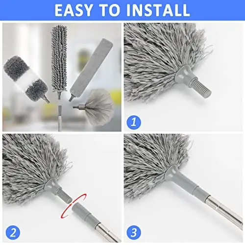 HLWDFLZ Microfiber Duster Kit 23pcs with 30 to 100 Inches Extension Pole and Extendable Window Squeegee, Washable and Bendable Feather Duster for Cleaning Ceiling Fans, High Ceilings, Cobwebs, Blinds - 3