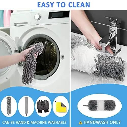 HLWDFLZ Microfiber Duster Kit 23pcs with 30 to 100 Inches Extension Pole and Extendable Window Squeegee, Washable and Bendable Feather Duster for Cleaning Ceiling Fans, High Ceilings, Cobwebs, Blinds - 7