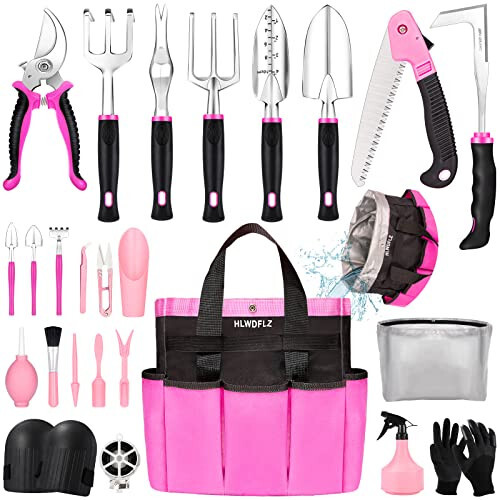 HLWDFLZ Pink Garden Tool Set Gardening Items for Women - 24PCS Heavy Duty Garden Tools with Detachable Storage Bag, Succulent Tool Set, Weeder - 1