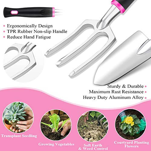 HLWDFLZ Pink Garden Tool Set Gardening Items for Women - 24PCS Heavy Duty Garden Tools with Detachable Storage Bag, Succulent Tool Set, Weeder - 4