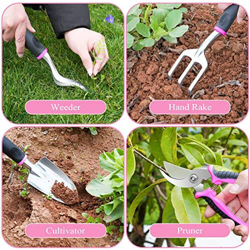 HLWDFLZ Pink Garden Tool Set Gardening Items for Women - 24PCS Heavy Duty Garden Tools with Detachable Storage Bag, Succulent Tool Set, Weeder - 5