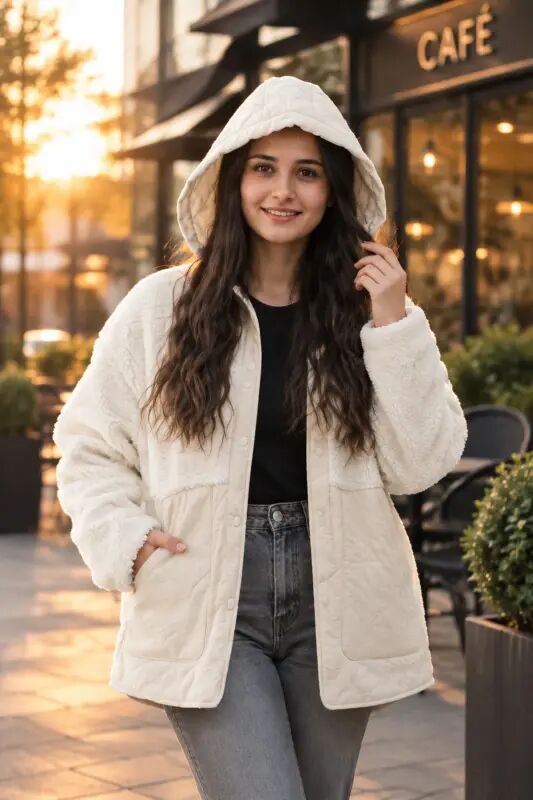 HN-8258 Kadın Ekru Renk Günlük Panduflu Kapüşonlu Mont - Ekru-1562 - Lumberjack