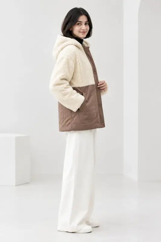 HN-8338 Kadın Camel Renk Günlük Panduflu Kapüşonlu Mont - Camel-3924 - Lumberjack