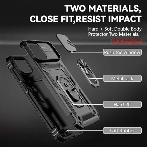 HNHYGETE для чехла iPhone 15, чехол для телефона iPhone 15 с HD защитой экрана: [противоударный защитный чехол для телефона с кольцом, прошедший испытание на падение с высоты 20 футов, соответствует военному стандарту] - для iPhone 15, черный - 5